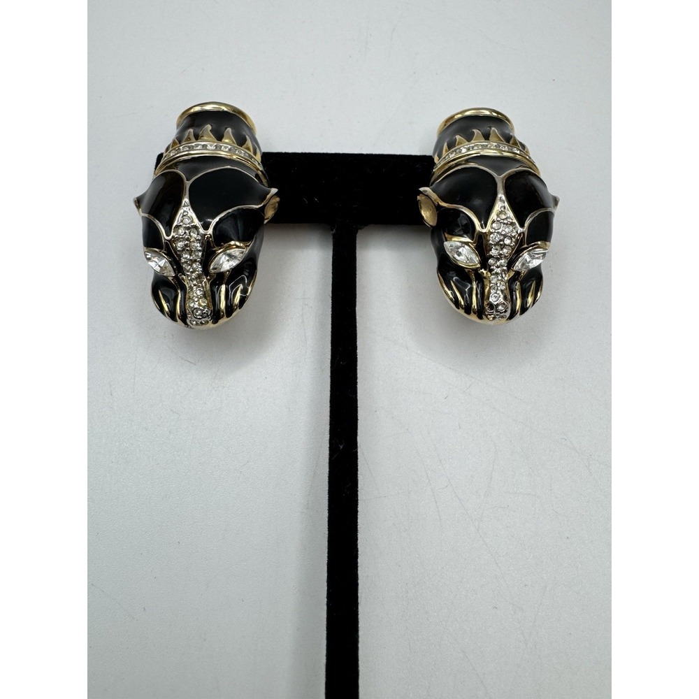 Vintage Rhinestone Encrusted Panther Head Clip On Earrings Chunky Black Gold 80s